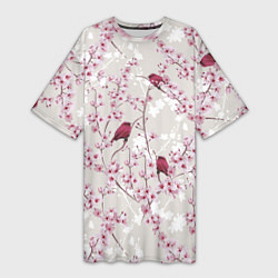 Женская длинная футболка Цветы Сакуры и Птицы