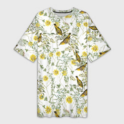 Женская длинная футболка Цветы Жёлтые С Птицами