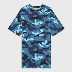 Футболка женская длинная Камуфляж Тёмно-Синий Camouflage Dark-Blue, цвет: 3D-принт