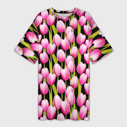 Женская длинная футболка Цветы Розовые Тюльпаны