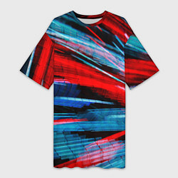 Женская длинная футболка Неоновые прерывающиеся линии - Красный и голубой