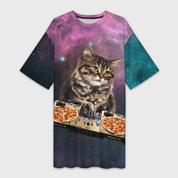 Женская длинная футболка Космический котёнок диджей Space DJ Cat