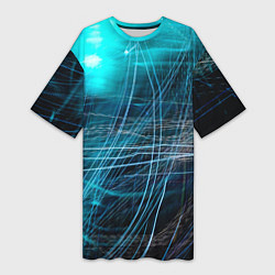 Женская длинная футболка Неоновые волны и линии - Голубой
