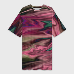Женская длинная футболка Абстрактный размытый узор в розово-зеленых цветах