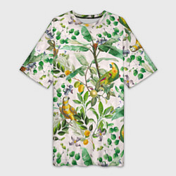 Женская длинная футболка Желтые Попугаи С Цветами