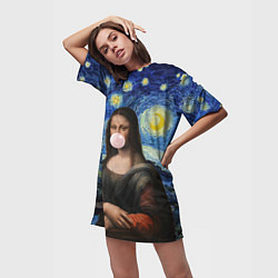 Футболка женская длинная Мона Лиза Приколы - Звездная ночь, цвет: 3D-принт — фото 2