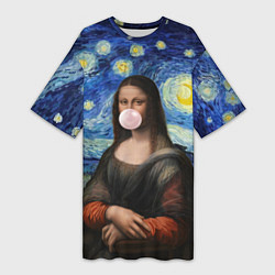 Женская длинная футболка Мона Лиза Приколы - Звездная ночь