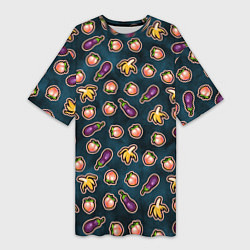 Женская длинная футболка Баклажаны персики бананы паттерн