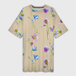 Женская длинная футболка Нарисованные Цветы Колокольчики и Пчёлы