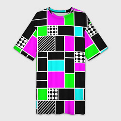 Женская длинная футболка Неоновый геометрический узор на черном
