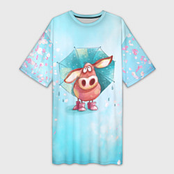 Женская длинная футболка Свинка под зонтиком в дождь