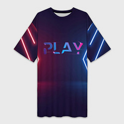 Футболка женская длинная Play неоновые буквы и красно синие полосы, цвет: 3D-принт