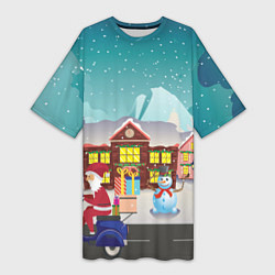 Женская длинная футболка В Новогоднюю ночь Дед Мороз едет на скутере с пода