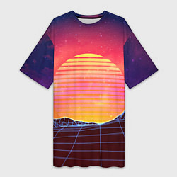 Женская длинная футболка Абстрактные 3D неоновые горы на закате