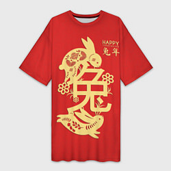 Футболка женская длинная Red rabbits, happy chinese new year, цвет: 3D-принт
