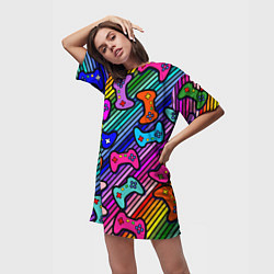 Футболка женская длинная Многоцветные полоски с джойстиками, цвет: 3D-принт — фото 2