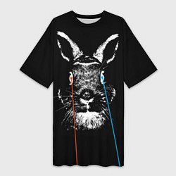 Женская длинная футболка Черный кролик стреляет лазерами из глаз