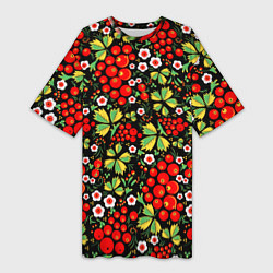 Женская длинная футболка Русские узоры - цветы и ягоды