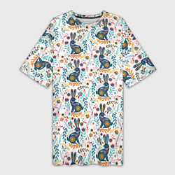Женская длинная футболка Новогодний паттерн - Кролики и веточки