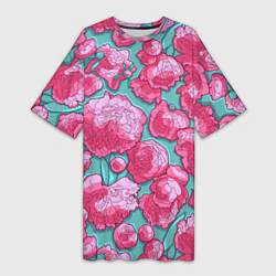 Женская длинная футболка Пышные цветы - пионы