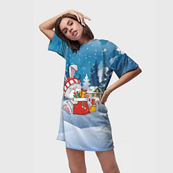 Футболка женская длинная Зайчик с новогодними подарками, цвет: 3D-принт — фото 2