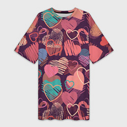 Футболка женская длинная Узор из разных сердец, цвет: 3D-принт