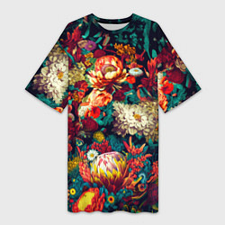 Футболка женская длинная Цветочный паттерн с цветами и листьями, цвет: 3D-принт