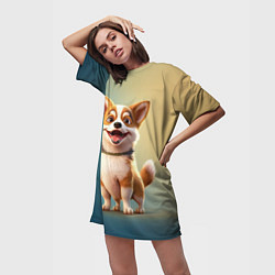 Футболка женская длинная Корги молодец, цвет: 3D-принт — фото 2