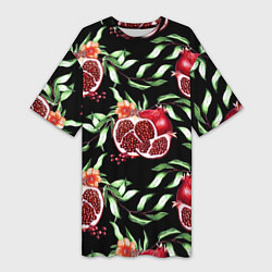 Футболка женская длинная Гранаты на черном - паттерн, цвет: 3D-принт