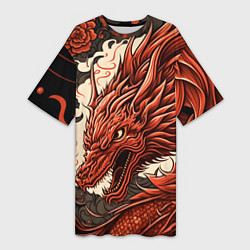 Футболка женская длинная Японский краcный дракон, цвет: 3D-принт