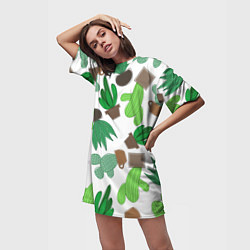 Футболка женская длинная Кактусы в горшках - паттерн, цвет: 3D-принт — фото 2