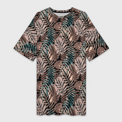 Футболка женская длинная Тропический коричнево серый узор, цвет: 3D-принт