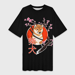 Футболка женская длинная Сиба ину самурай, цвет: 3D-принт