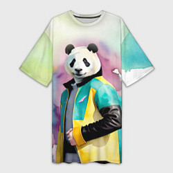 Женская длинная футболка Прикольный панда в модной куртке