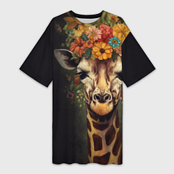 Женская длинная футболка Портрет жирафа с цветами: арт нейросети