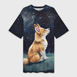 Женская длинная футболка Корги и звездное небо - акварель