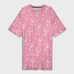 Женская длинная футболка Цветы и сердца паттерн