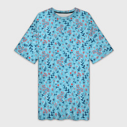 Женская длинная футболка Листья и ягоды на голубом, паттерн