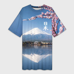 Женская длинная футболка Цветущая сакура на фоне Фудзиямы - Япония