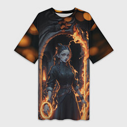 Женская длинная футболка Готическая девушка с двумя косами огненная магия