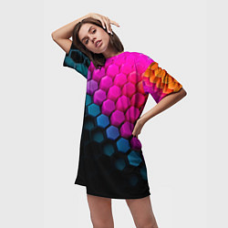 Футболка женская длинная Цветной шестиугольник, цвет: 3D-принт — фото 2