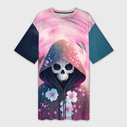 Женская длинная футболка Скелет в худи с цветами