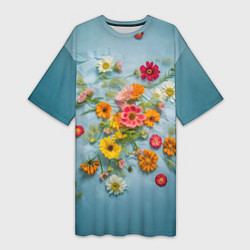 Женская длинная футболка Букет полевых цветов на ткани