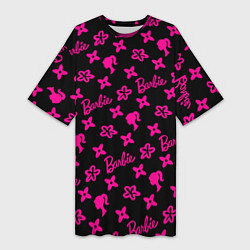 Женская длинная футболка Барби паттерн черно-розовый