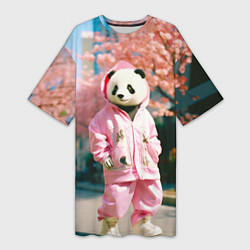 Женская длинная футболка Милая панда в пуховике