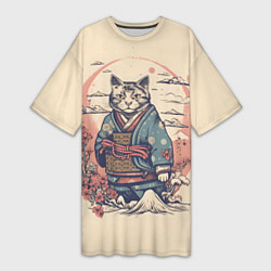 Женская длинная футболка Кот-самурай