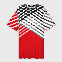 Женская длинная футболка Косые черно-белые полосы на красном