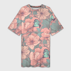 Женская длинная футболка Паттерн с бабочками и цветами