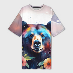 Женская длинная футболка Портрет медведя гризли с цветами акварелью