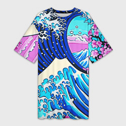 Женская длинная футболка Большая волна в Канагаве сакура